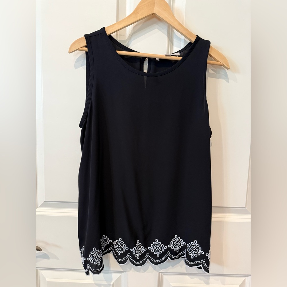 LOFT Black Sleeveless Top with White Embroidery, medium, excellent condition.